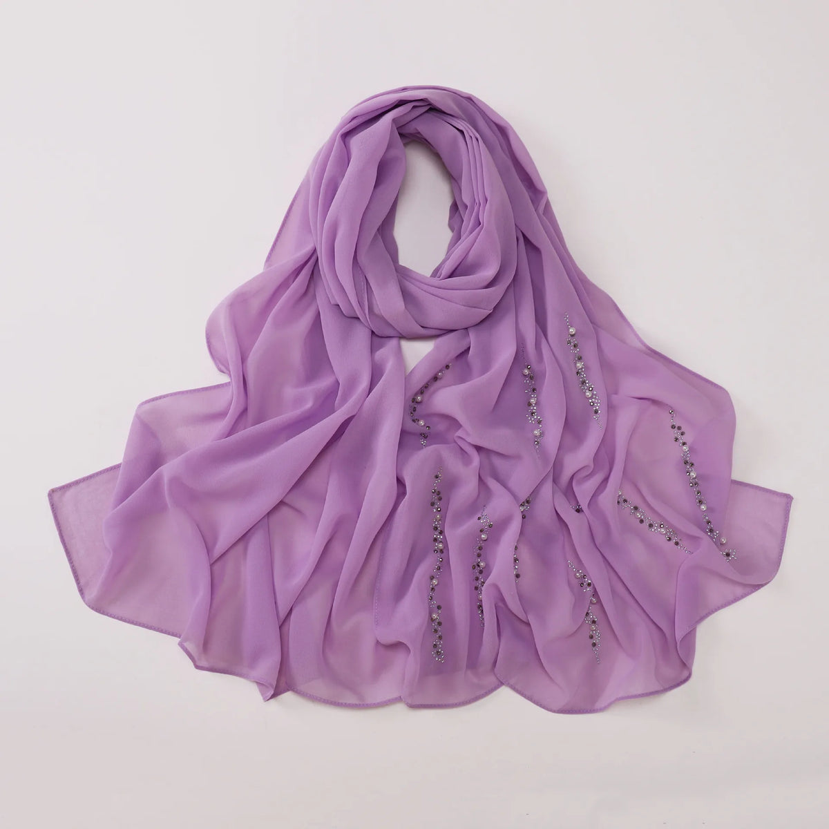 Hijab Chiffon Femme – Foulard Musulman Doux avec Strass & Perles, Voile Été 175x70cm