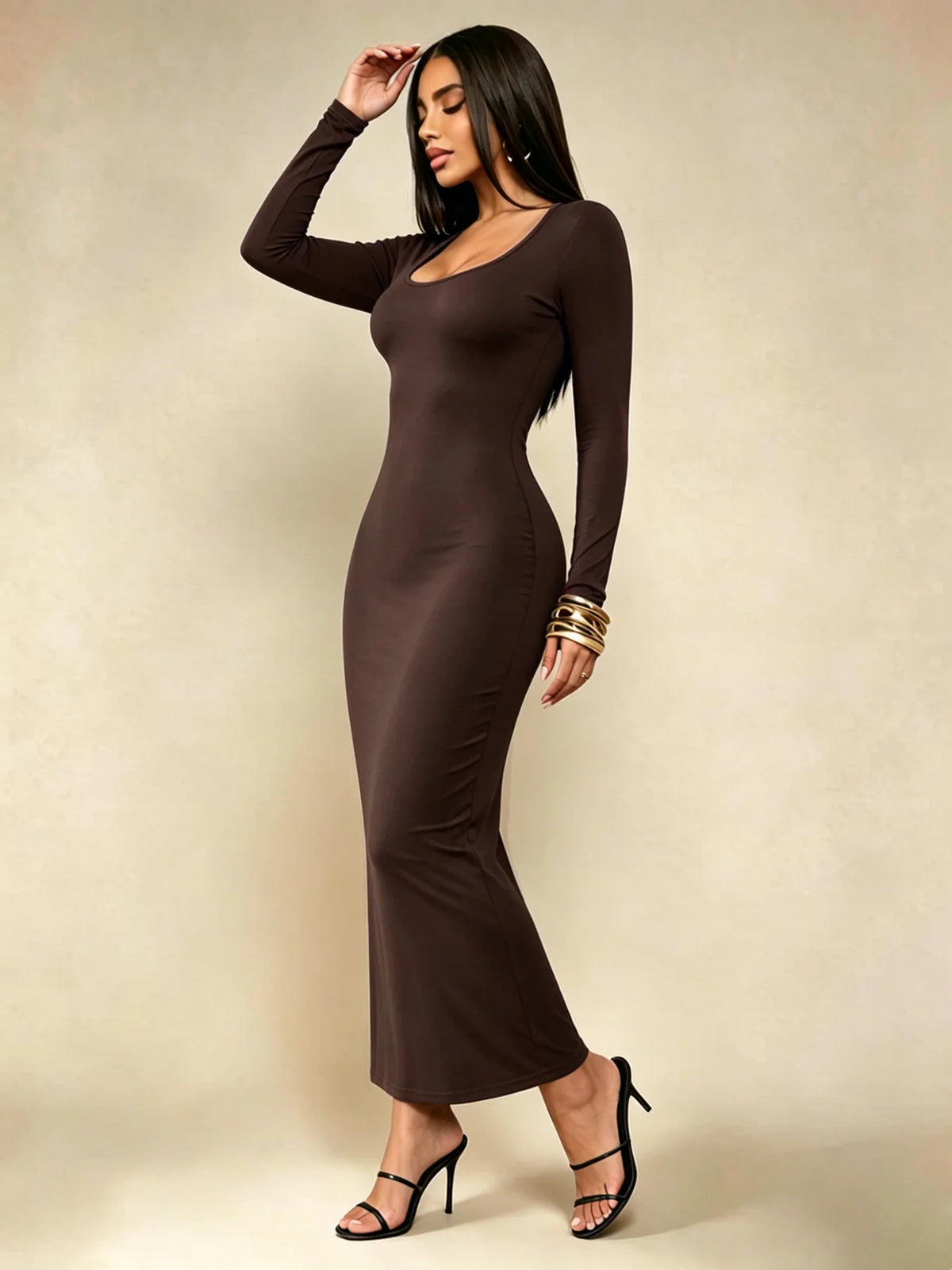 Robe Longue Moulante Col Carré Manches Longues – Uni, Minimaliste Chic, Toutes Saisons