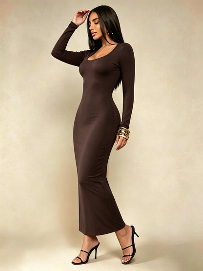 Robe Longue Moulante Col Carré Manches Longues – Uni, Minimaliste Chic, Toutes Saisons
