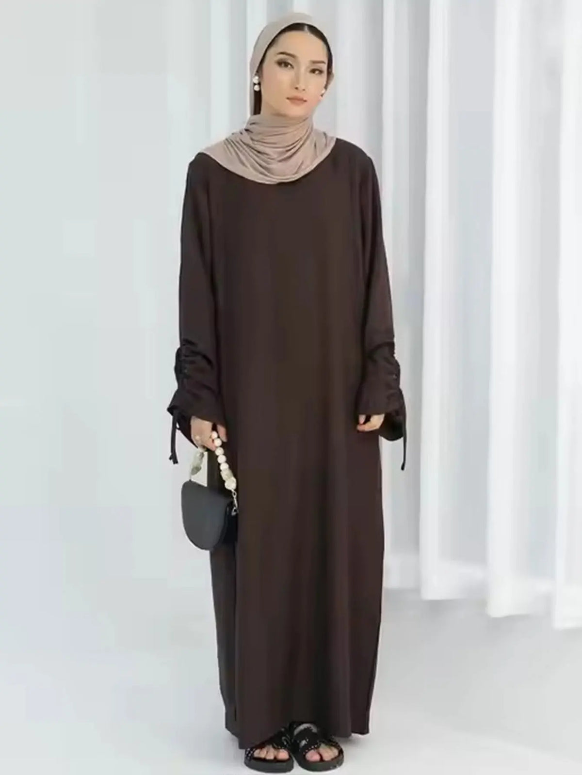 فستان عباية إسلامية نسائي – بأكمام برباط، قفطان طويل نمط رمضان العيد المحتشم مغربي دبي