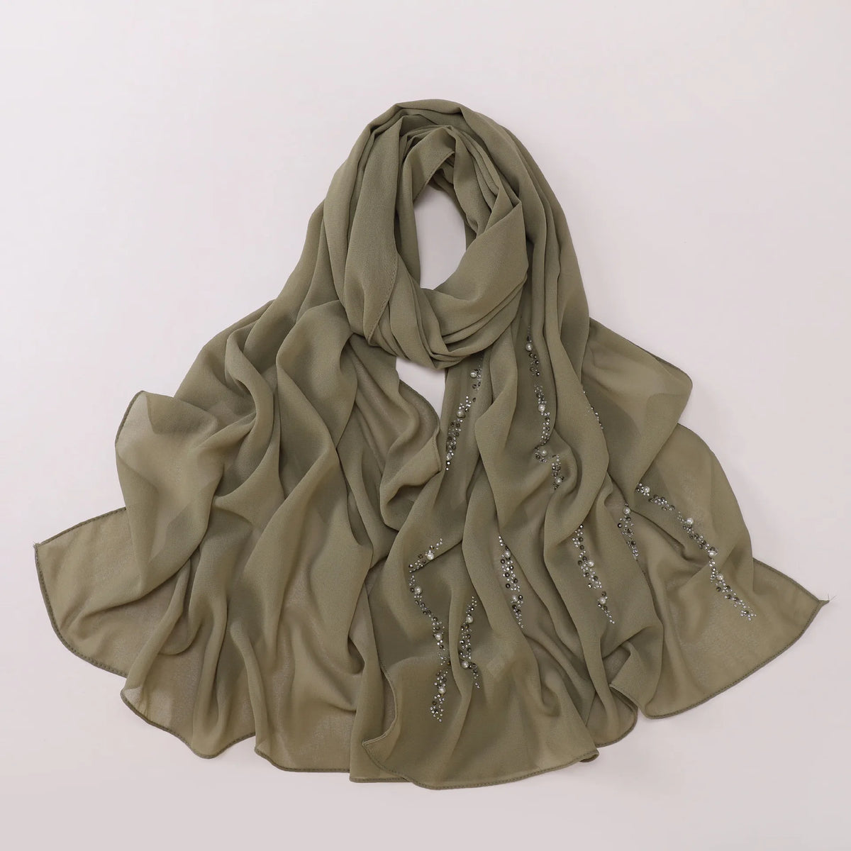 Hijab Chiffon Femme – Foulard Musulman Doux avec Strass & Perles, Voile Été 175x70cm