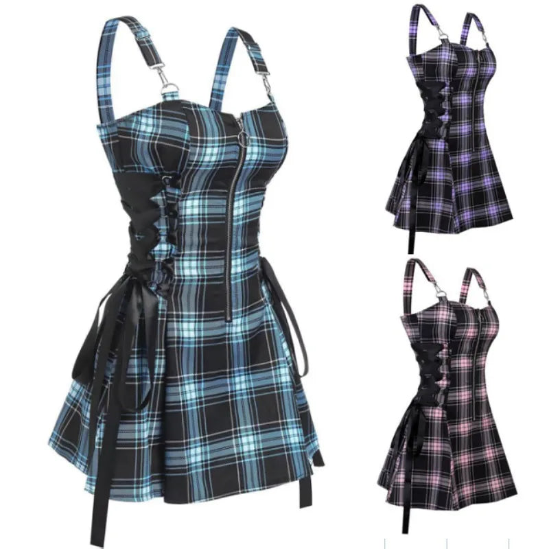 Robe Mini À Carreaux Style Gothic Punk – Sans Bretelles, Taille Haute, Streetwear Y2K Vintage Lolita