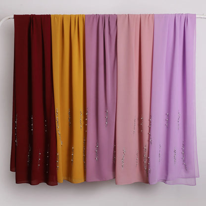 Hijab Chiffon Femme – Foulard Musulman Doux avec Strass & Perles, Voile Été 175x70cm