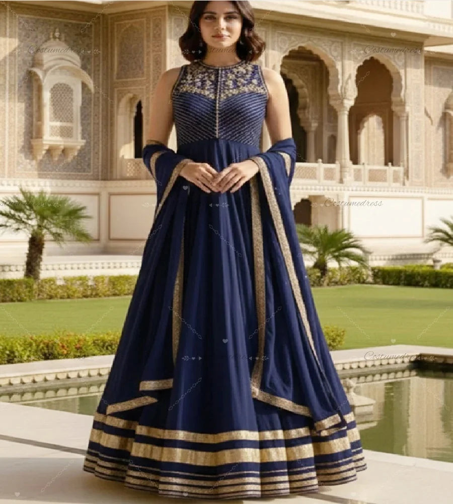 Robe de Soirée Bleue Marine Style Turc & Arabe – Caftan Dubai Jalabiya, Sur Mesure