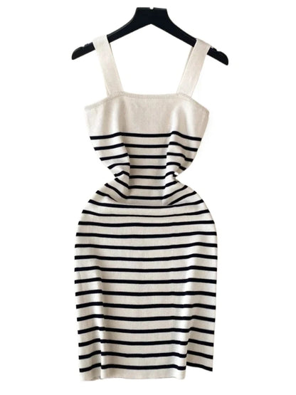 Mini Robe Rayée Femme – Col Carré & Maille Côtelée Stretch