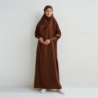 Abaya Musulmane à Capuche – Robe de Prière Femme Manches Smockées, Jilbab Islamique Style Dubaï