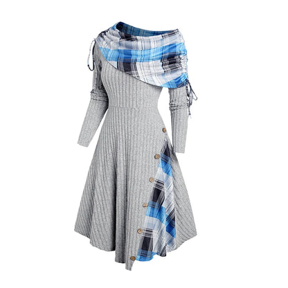 Robe Mi-Longue À Carreaux Épaules Dénudées Patchwork – Tricot Côtelé, Bouttons Déco, Automne-Hiver