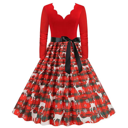 Robe Femme Noël & Fêtes Manches Longues Col V – Style Vintage Ligne A