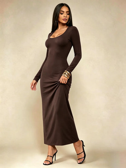 Robe Longue Moulante Col Carré Manches Longues – Uni, Minimaliste Chic, Toutes Saisons