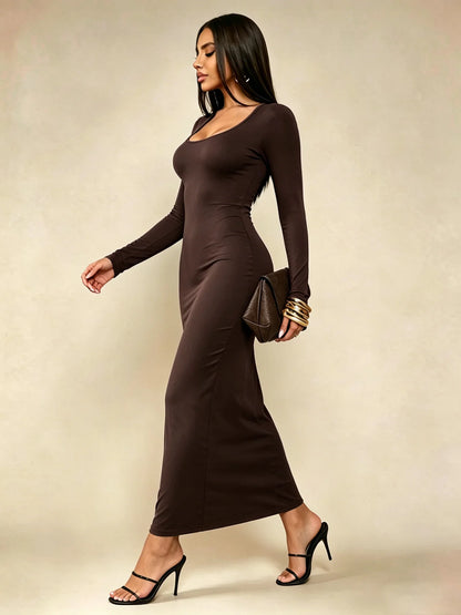 Robe Longue Moulante Col Carré Manches Longues – Uni, Minimaliste Chic, Toutes Saisons