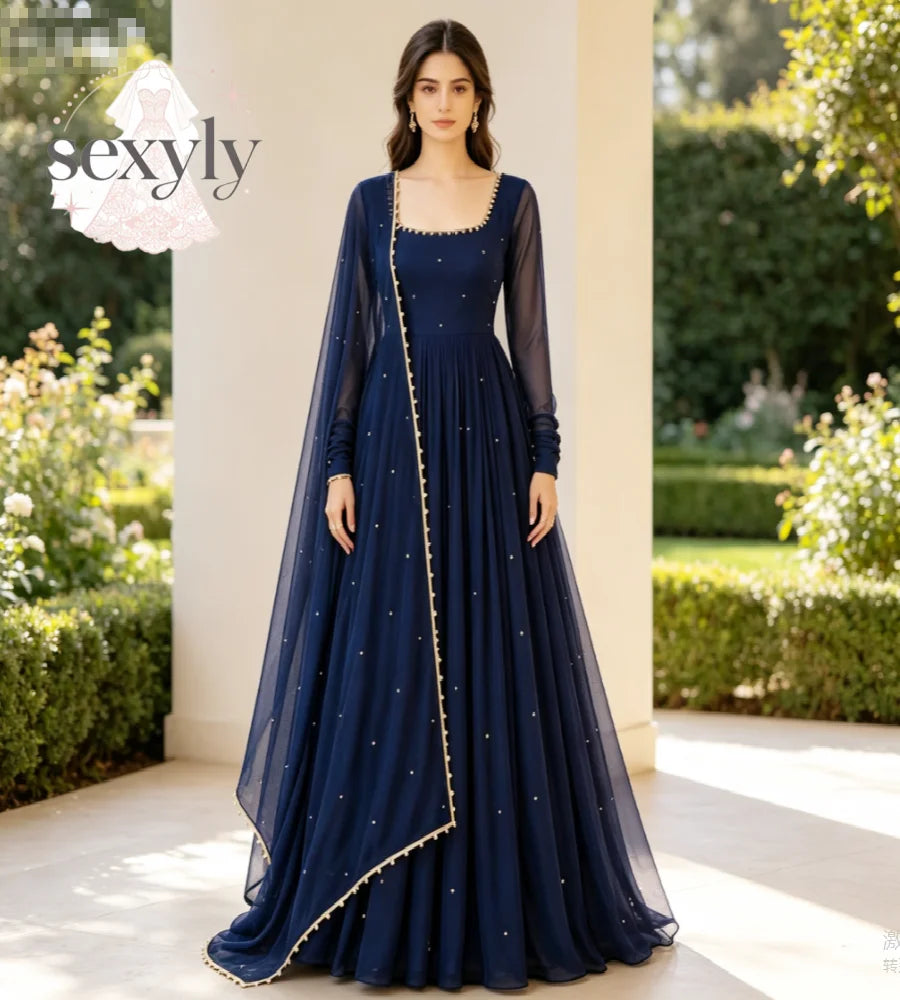 Robe de Soirée Anarkali Bleu Marine Col Carré Manches Longues – Style Indien & Pakistanais, Sur Mesure
