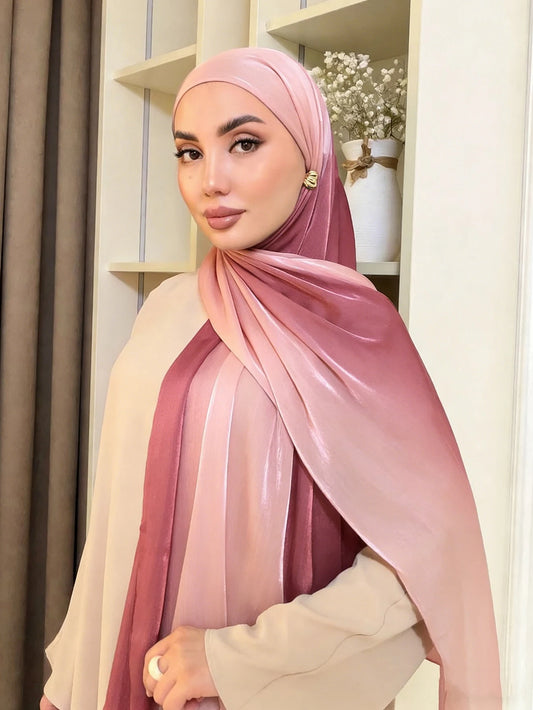 Two-Tone Gradient Satin Hijab – Elegant Islamic Scarf for Weddings & Special Occasions