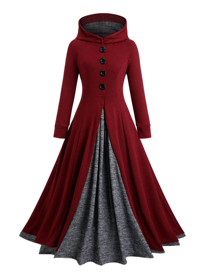 Robe Longue À Capuche Effet Deux Pièces – Manches Longues, Fente, Style Élégant Automne-Hiver