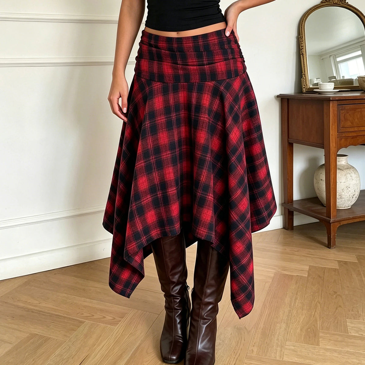 Jupe Midi Vintage Irrégulière Femme – Taille Haute Carreaux Coupe A-Line