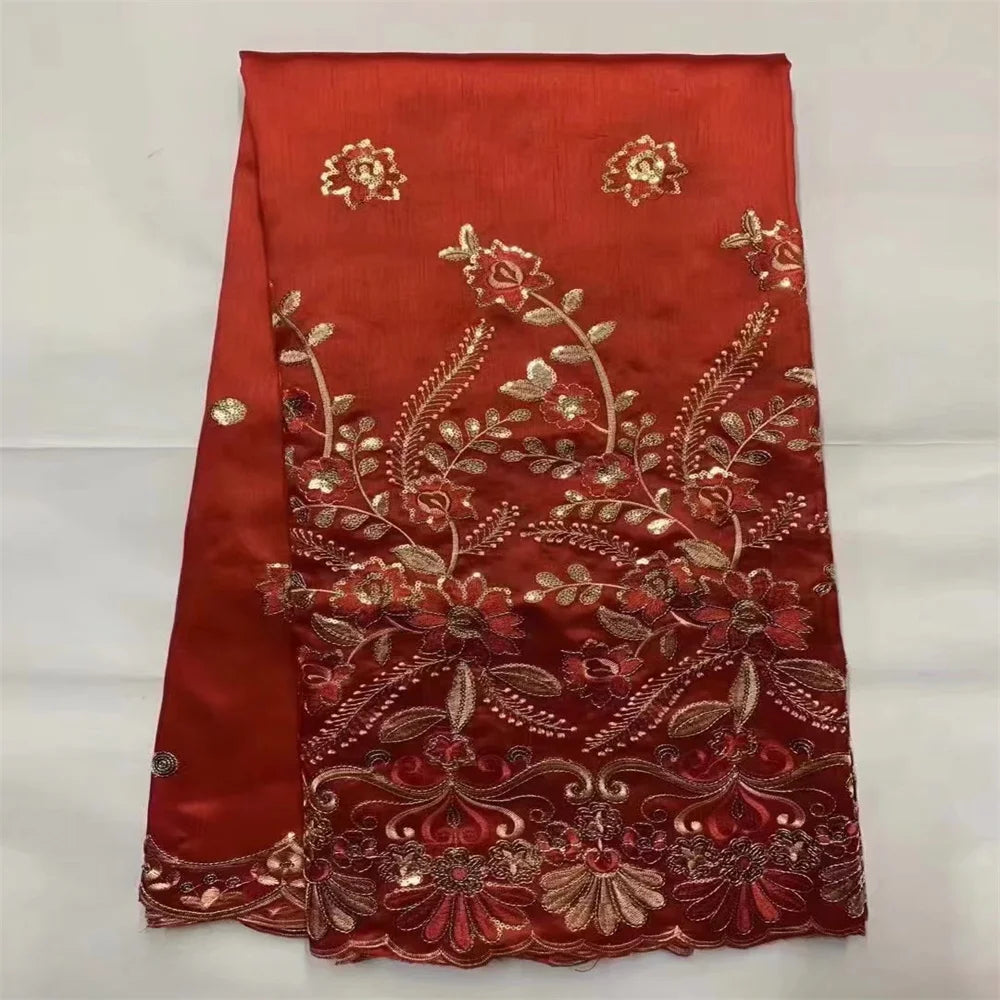 Tissu George Africain Brodé – Dentelle Satin Premium 5+2 Yards