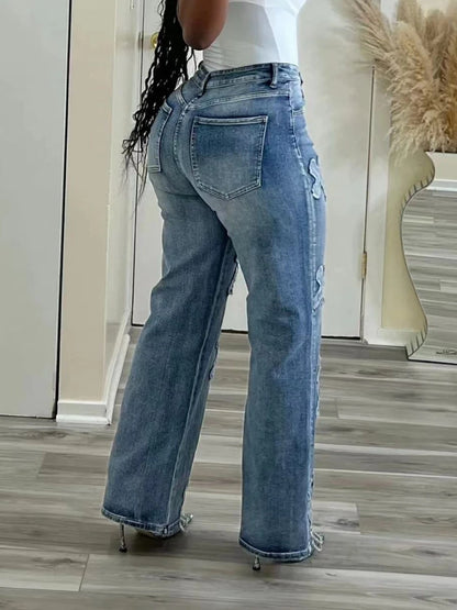 Jean Baggy Femme Taille Haute – Franges & Lacets Croix, Coupe Droite