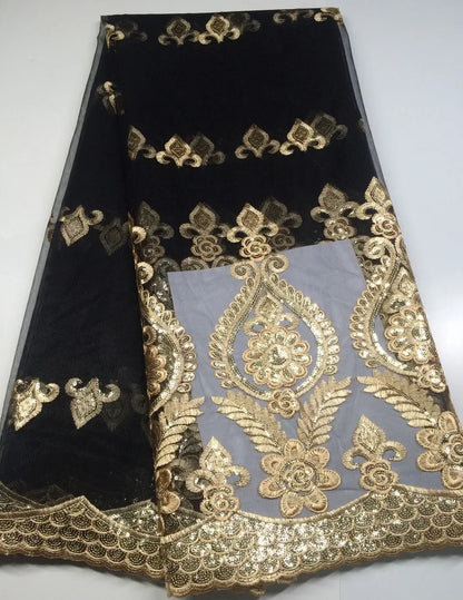 Tissu Dentelle Tulle Africaine Paillettes Dorées – Mariage & Fête, 5 Yards