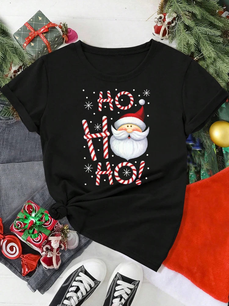 T-Shirt Femme Imprimé Noël – Motif Père Noël & Cartoon