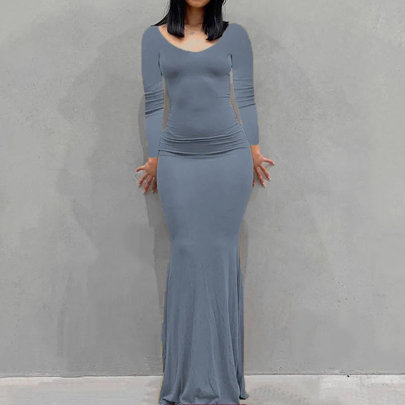 Robe Longue Moulante Femme – Col Rond & Manches Longues