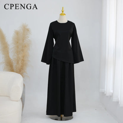 Ensemble Abaya 2 Pièces Femme Musulmane – Tenue Modesté Casual Ramadan Été, Jupe & Top