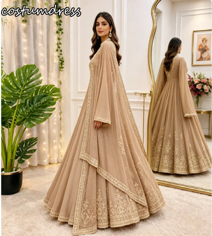 Robe de Soirée Anarkali Ethnique Champagne Avec Dupatta – Style Pakistanais Indien, Grande Taille, Sur Mesure