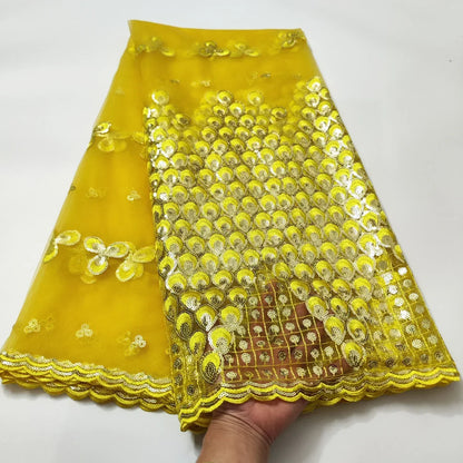 Tissu Dentelle Tulle Africaine Paillettes Dorées – Mariage & Fête, 5 Yards