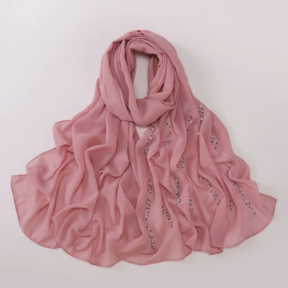 Hijab Chiffon Femme – Foulard Musulman Doux avec Strass & Perles, Voile Été 175x70cm
