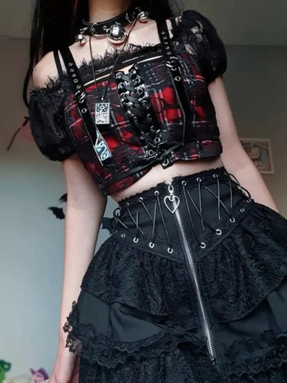 Mini Jupe Gothique Dentelle Y2K – Taille Haute, Style Emo E-Girl Lolita Harajuku Grunge Clubwear