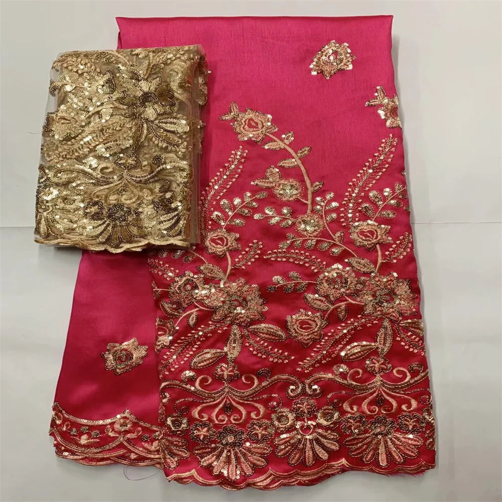 Tissu George Africain Brodé – Dentelle Satin Premium 5+2 Yards
