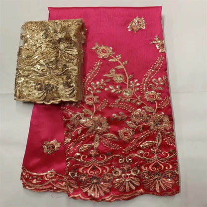 Tissu George Africain Brodé – Dentelle Satin Premium 5+2 Yards