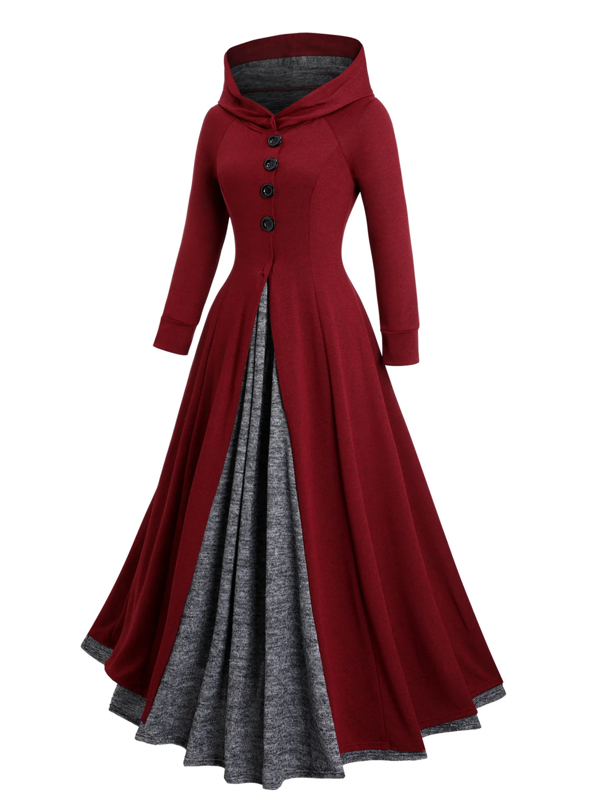 Robe Longue À Capuche Effet Deux Pièces – Manches Longues, Fente, Style Élégant Automne-Hiver