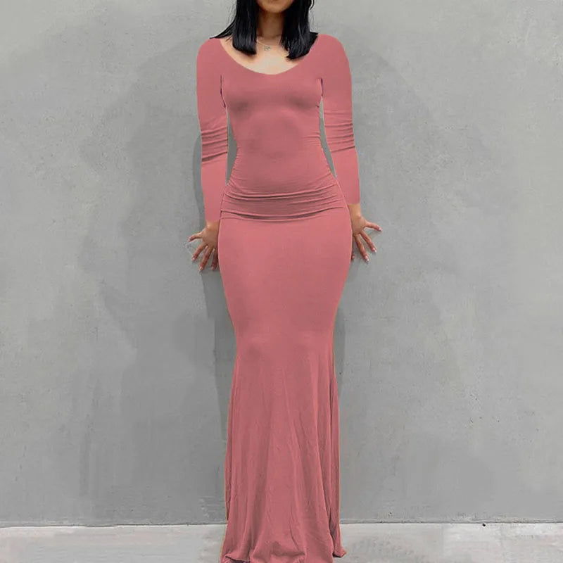 Robe Longue Moulante Femme – Col Rond & Manches Longues