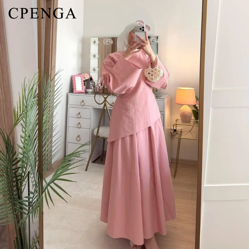 Ensemble Abaya 2 Pièces Femme Musulmane – Tenue Modesté Casual Ramadan Été, Jupe & Top