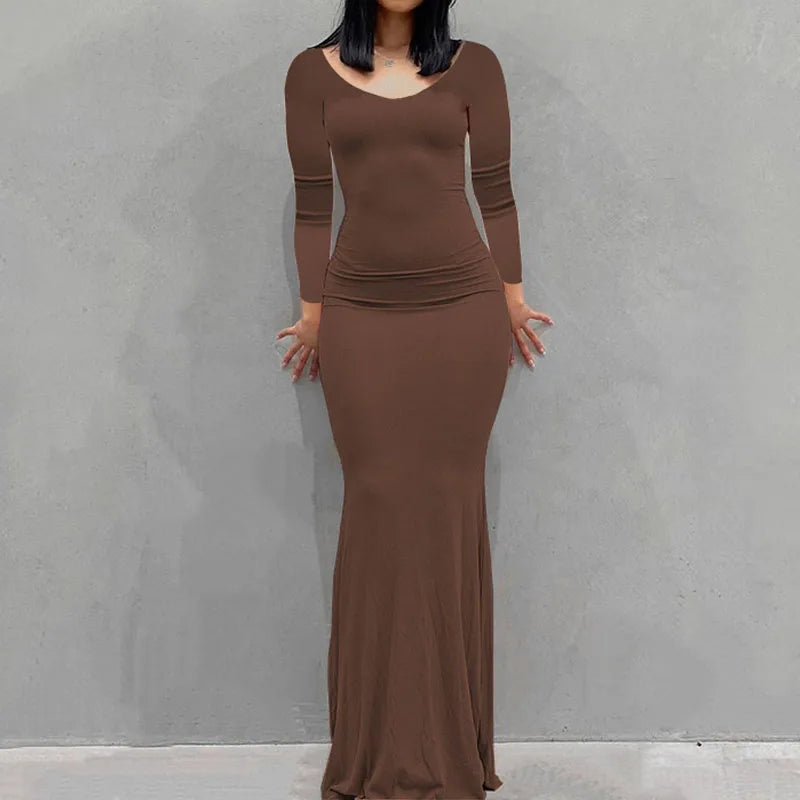 Robe Longue Moulante Femme – Col Rond & Manches Longues