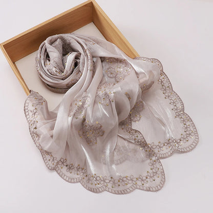 Hijab Paillettes Scintillantes Brodé – Châle Satin Brillant Femme, Foulard Mariage Ramadan 60x170cm