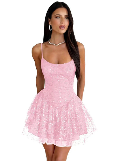 Robe de Soirée Courte À Paillettes – Ligne A, Volants, Sans Bretelles, Bal de Promo & Cocktail