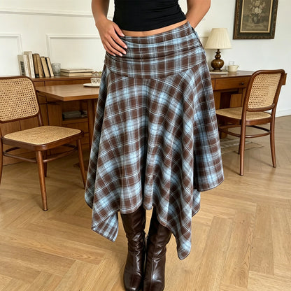 Jupe Midi Vintage Irrégulière Femme – Taille Haute Carreaux Coupe A-Line
