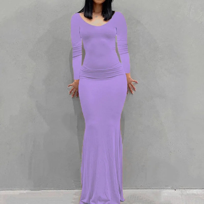 Robe Longue Moulante Femme – Col Rond & Manches Longues