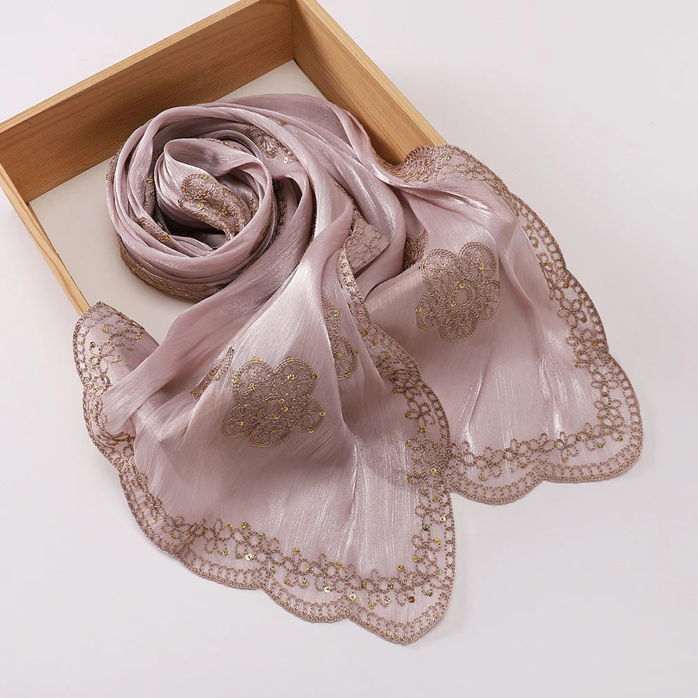 Hijab Paillettes Scintillantes Brodé – Châle Satin Brillant Femme, Foulard Mariage Ramadan 60x170cm