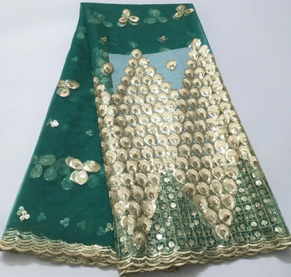 Tissu Dentelle Tulle Africaine Paillettes Dorées – Mariage & Fête, 5 Yards