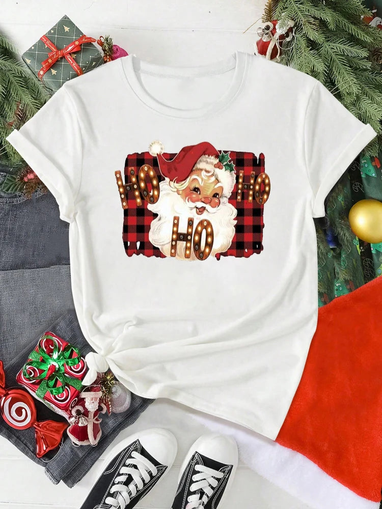 T-Shirt Femme Imprimé Noël – Motif Père Noël & Cartoon
