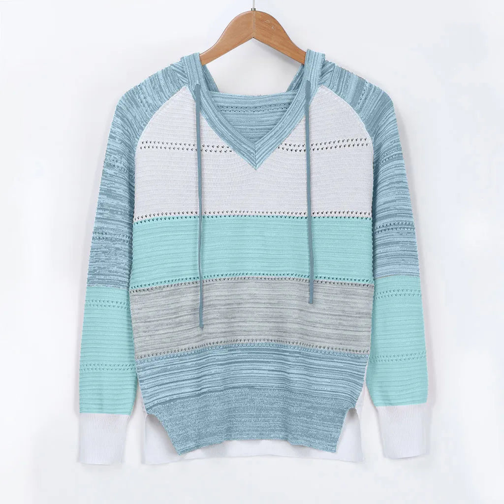 Pull Femme Grande Taille Col Capuche Manches Longues – Tricot Patchwork Crochet