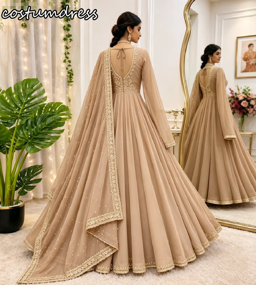Robe de Soirée Anarkali Ethnique Champagne Avec Dupatta – Style Pakistanais Indien, Grande Taille, Sur Mesure