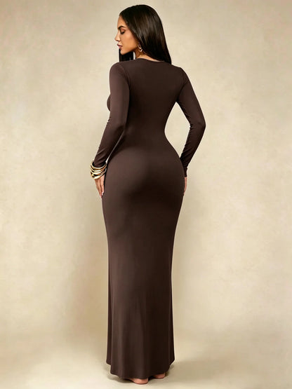 Robe Longue Moulante Col Carré Manches Longues – Uni, Minimaliste Chic, Toutes Saisons