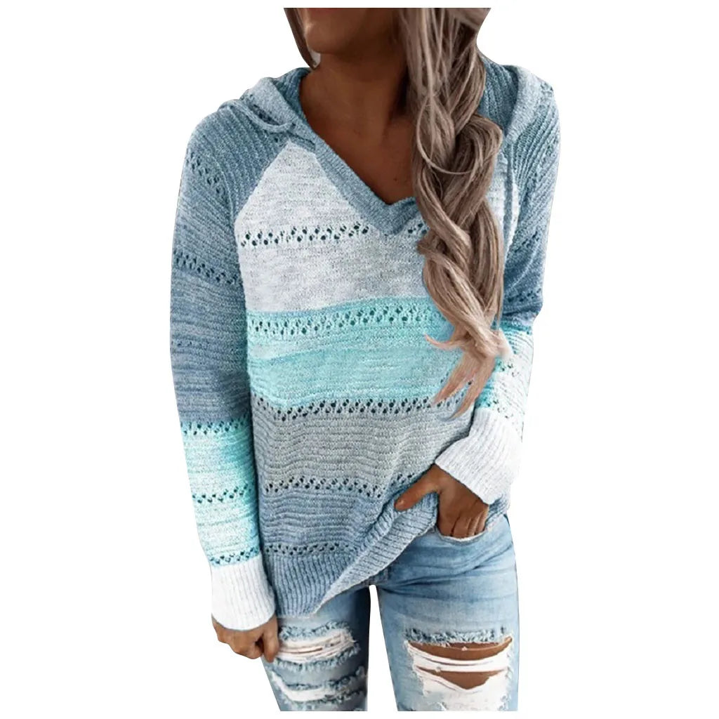 Pull Femme Grande Taille Col Capuche Manches Longues – Tricot Patchwork Crochet
