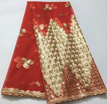 Tissu Dentelle Tulle Africaine Paillettes Dorées – Mariage & Fête, 5 Yards