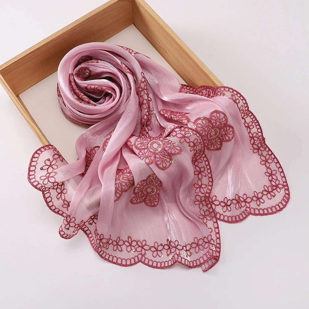 Hijab Paillettes Scintillantes Brodé – Châle Satin Brillant Femme, Foulard Mariage Ramadan 60x170cm