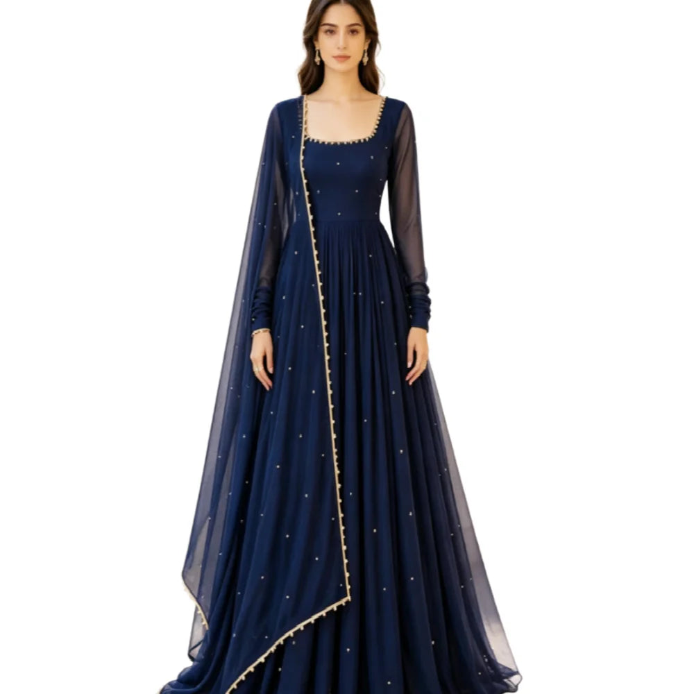 Robe de Soirée Anarkali Bleu Marine Col Carré Manches Longues – Style Indien & Pakistanais, Sur Mesure