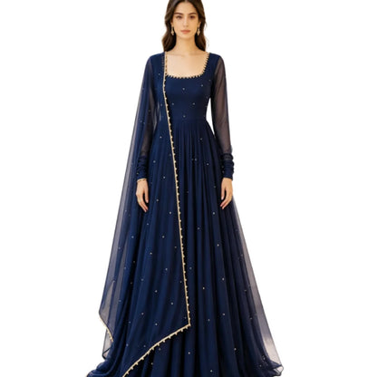Robe de Soirée Anarkali Bleu Marine Col Carré Manches Longues – Style Indien & Pakistanais, Sur Mesure