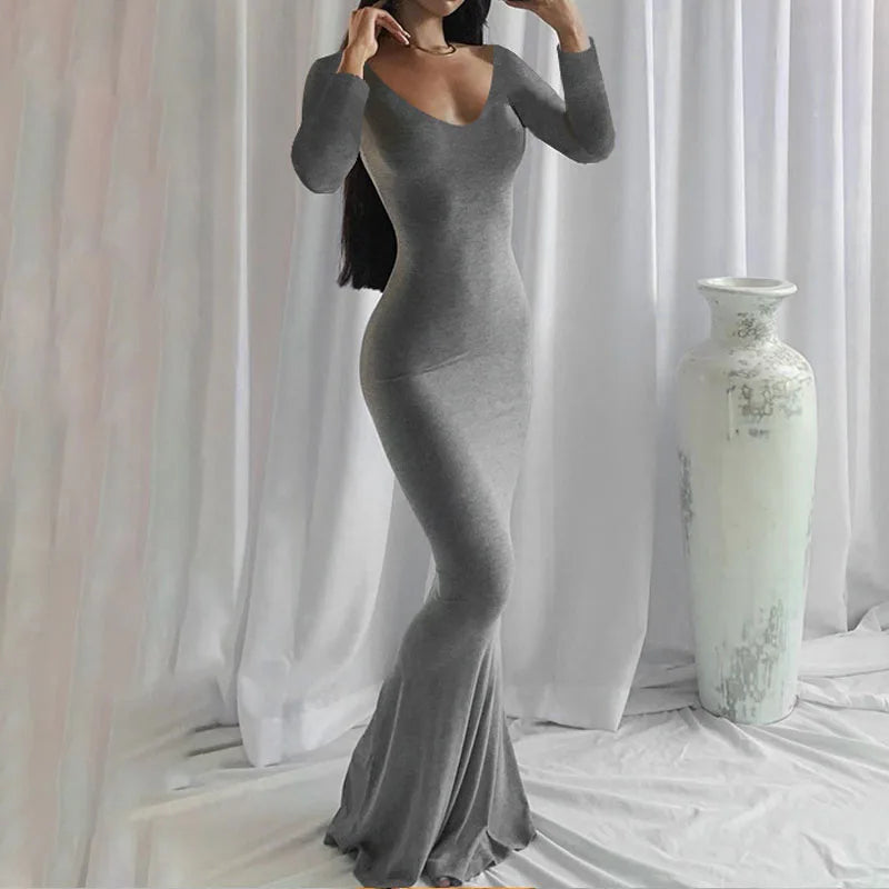 Robe Longue Moulante Femme – Col Rond & Manches Longues